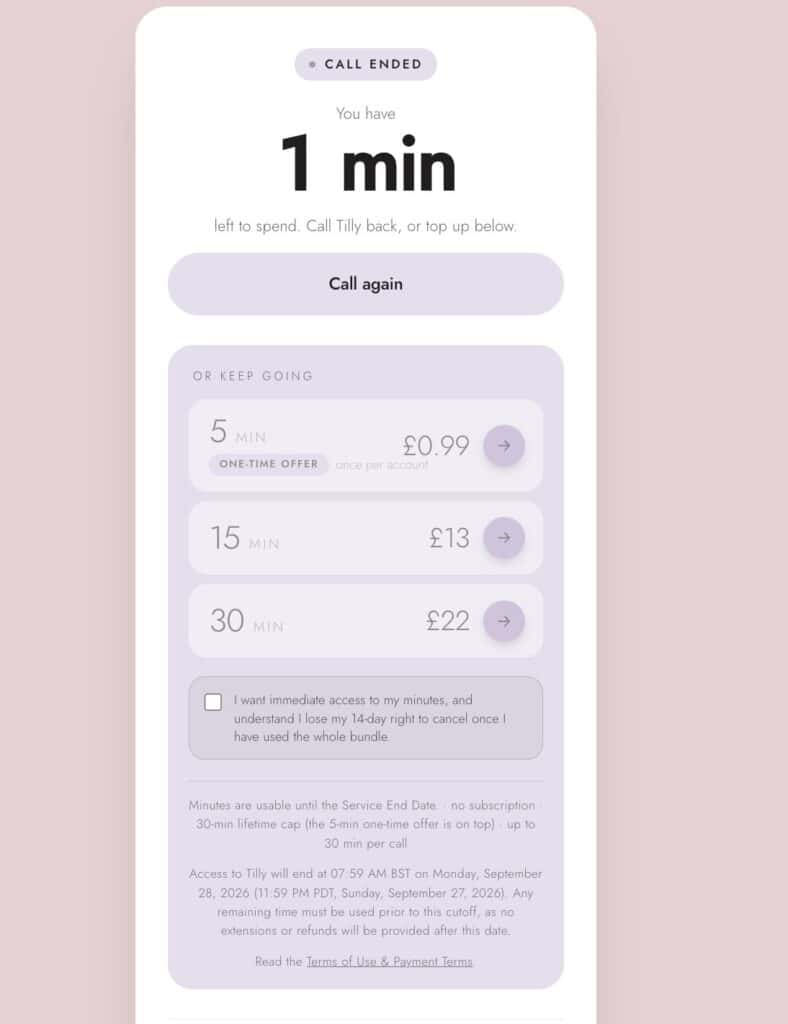 Users get free 5 minutes with Tilly before being asked to pay up