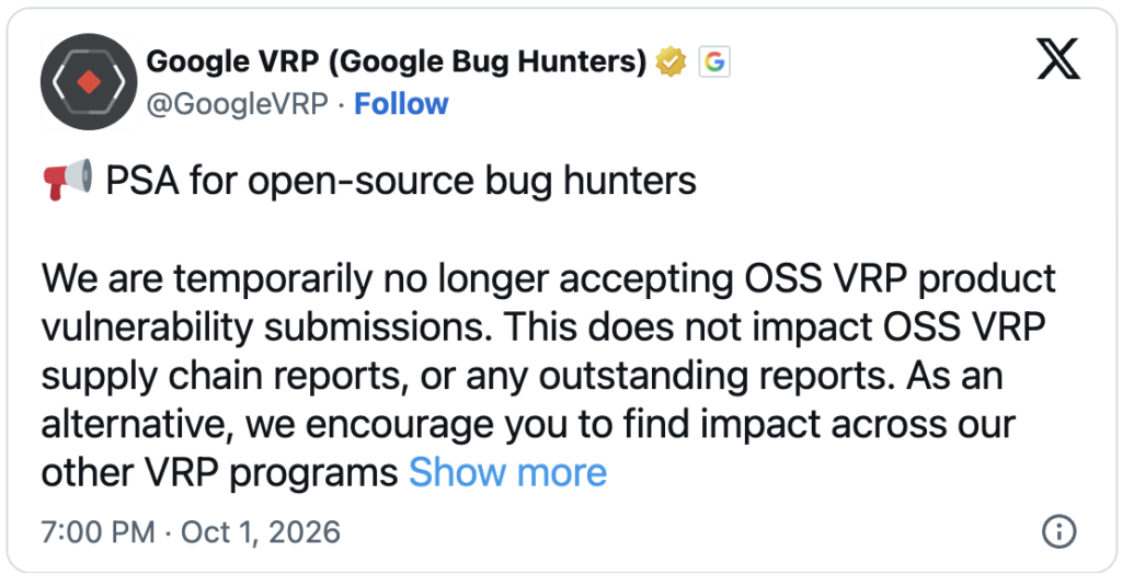 Google OSS VRP freeze